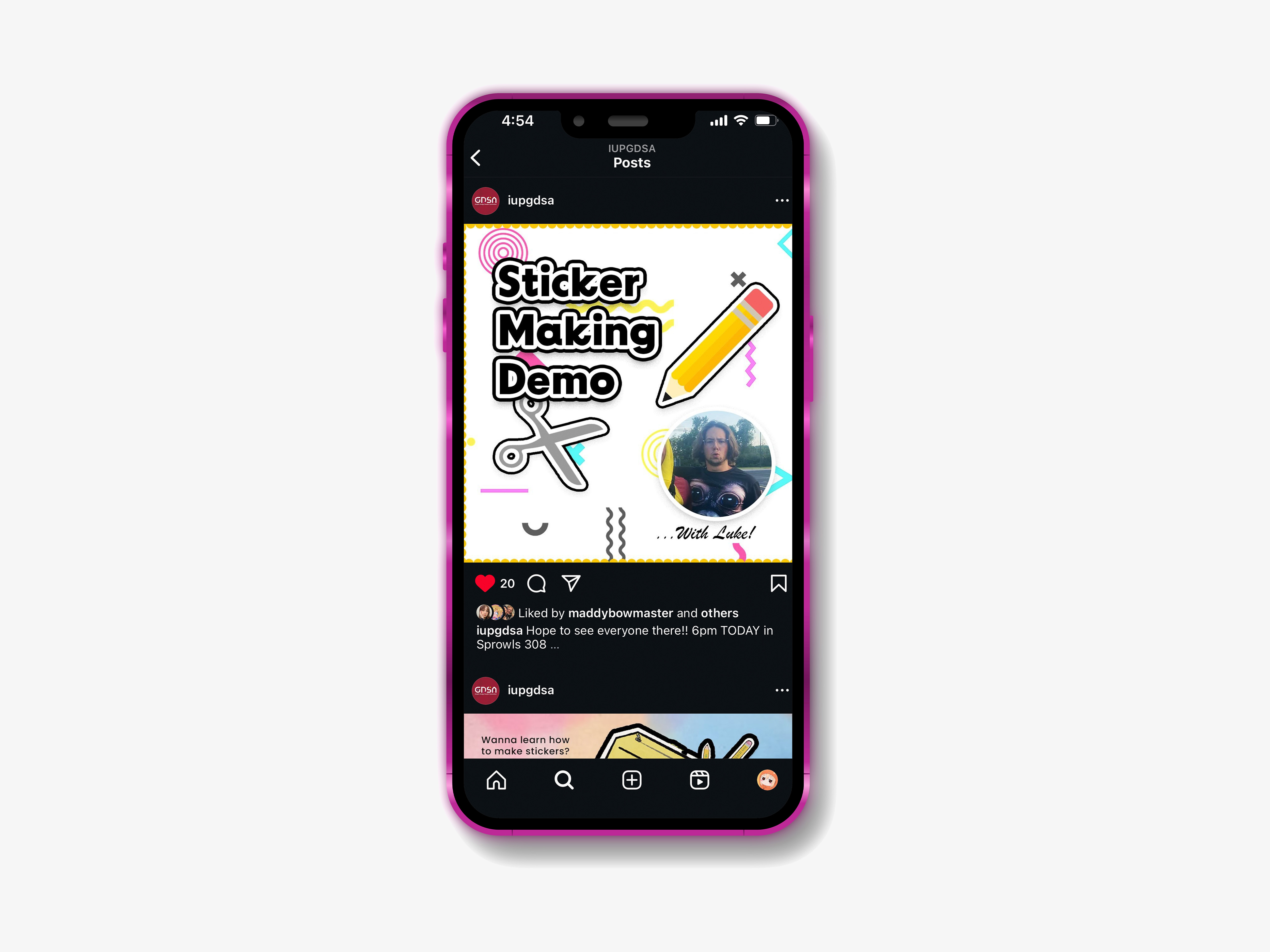 GDSA Instagram post for sticker tutorial night